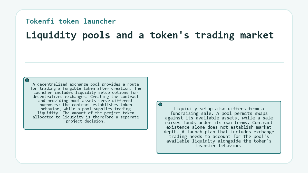 Tokenfi token launcher: Liquidity pools and a token's trading market